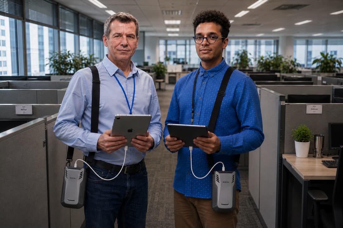 PacketScout engineers conducting an Ekahau wireless survey in an office workspace