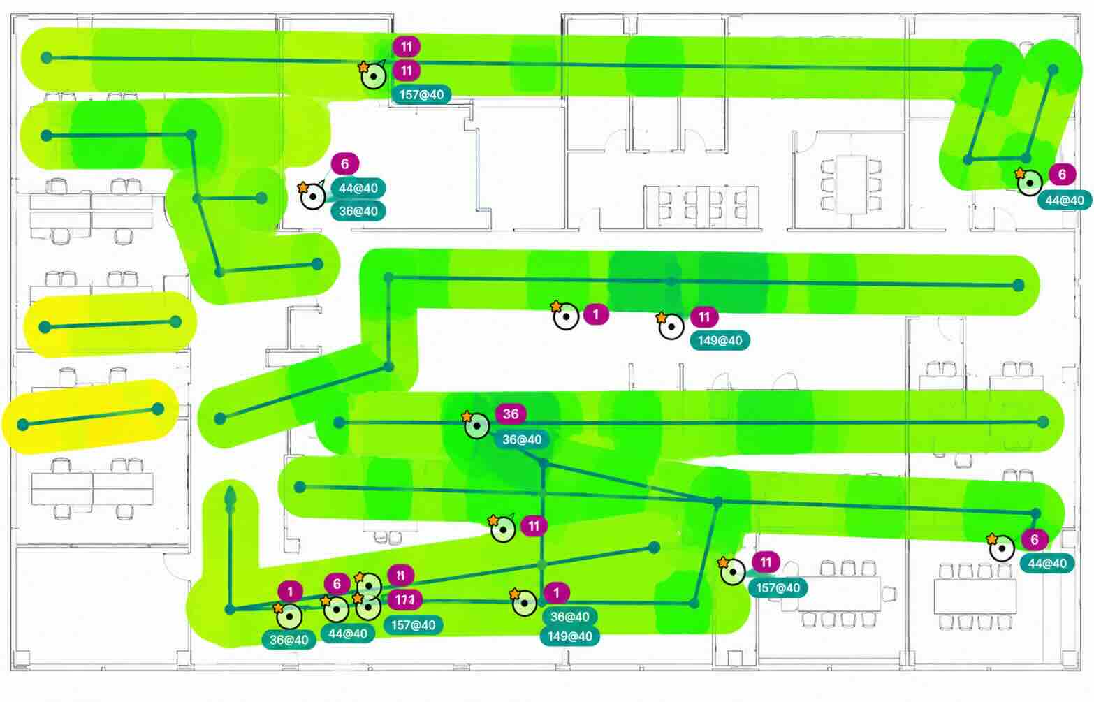 Floor plan survey visualization with Wi-Fi path and coverage overlay