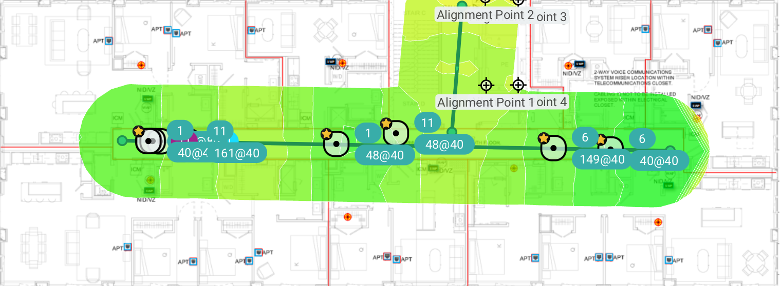 Real predictive Wi-Fi survey alignment and coverage heatmap over floor plan