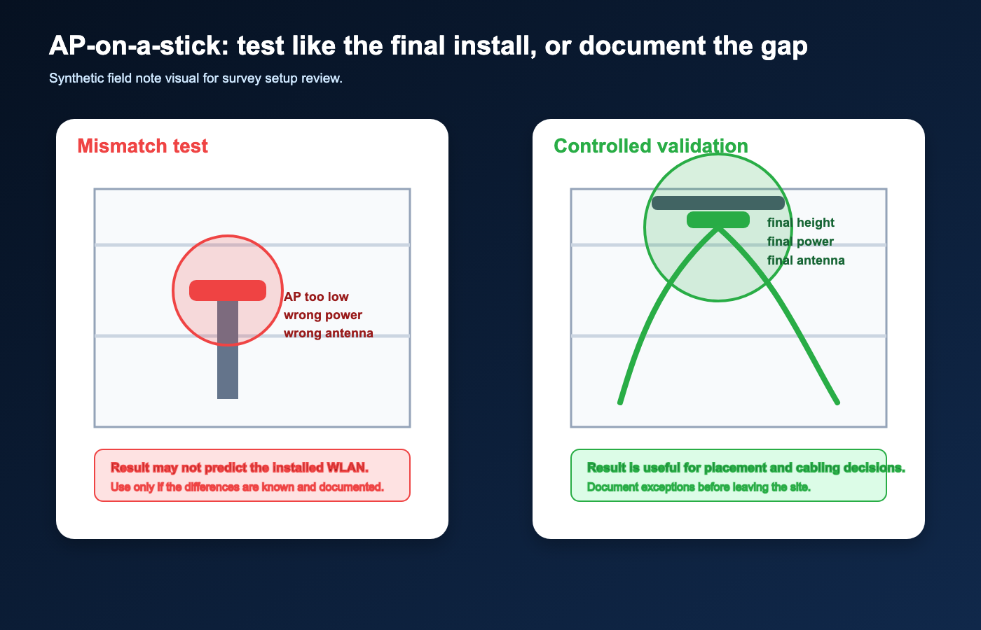 Synthetic AP-on-a-stick diagram comparing a mismatched test setup against a controlled final-install validation setup.